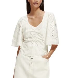 Scotch & Soda Size M White Eyelet Front Flutter Sleeve Top Blouse Cottagecore